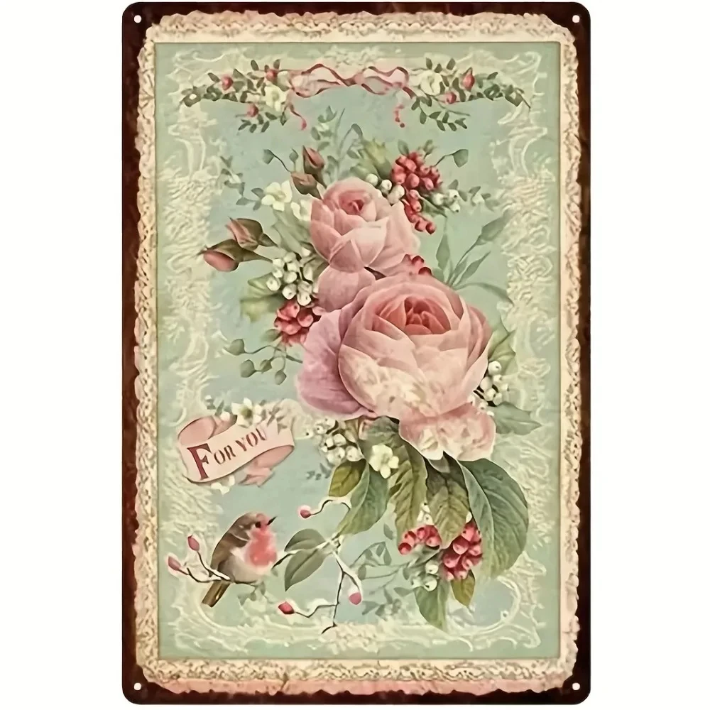 Vintage Rose Flower Metal Wall Artwork—Rustic Style Floral Tin Sign, Suitable for Living Room, Garden, or Cafe Decoration, 8x12inch Plaque