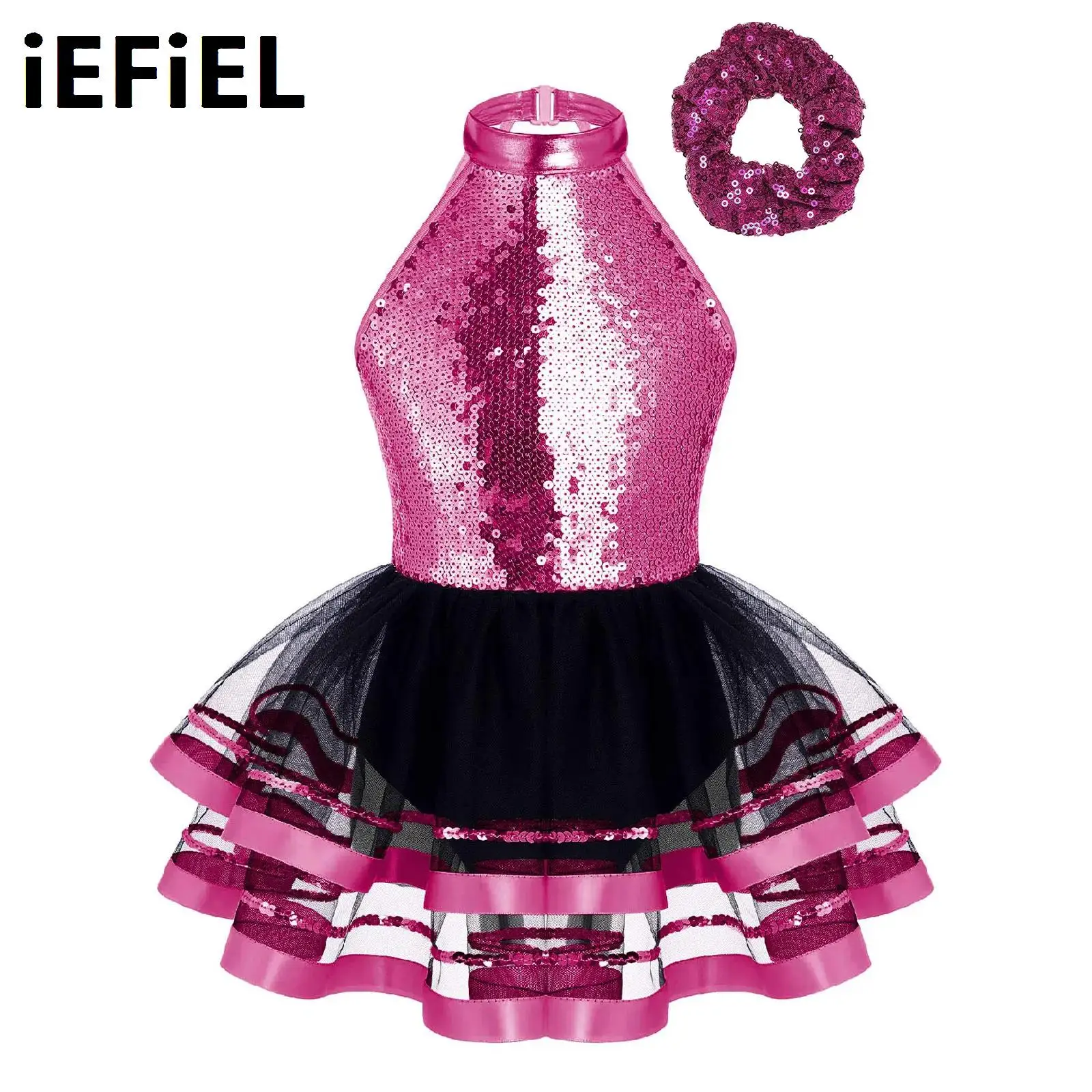 

Kids Tutu Ballet Dress Girls Sequins Halter Sleeveless Backless Sparkling Decorated Dance Costume with Hair Tie Headwear