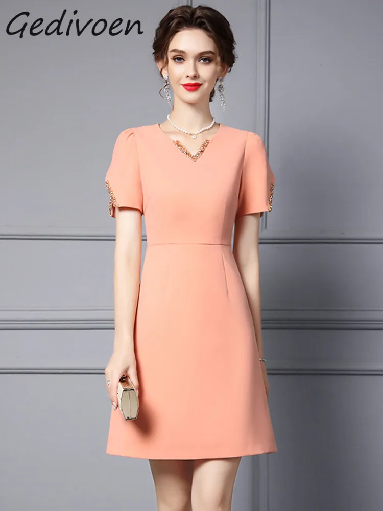 

Gedivoen Summer Fashion Runway Elegant Pink A-Line Mini Dress Women's V-Neck Beading Diamond Party High Waist Temperament Dress