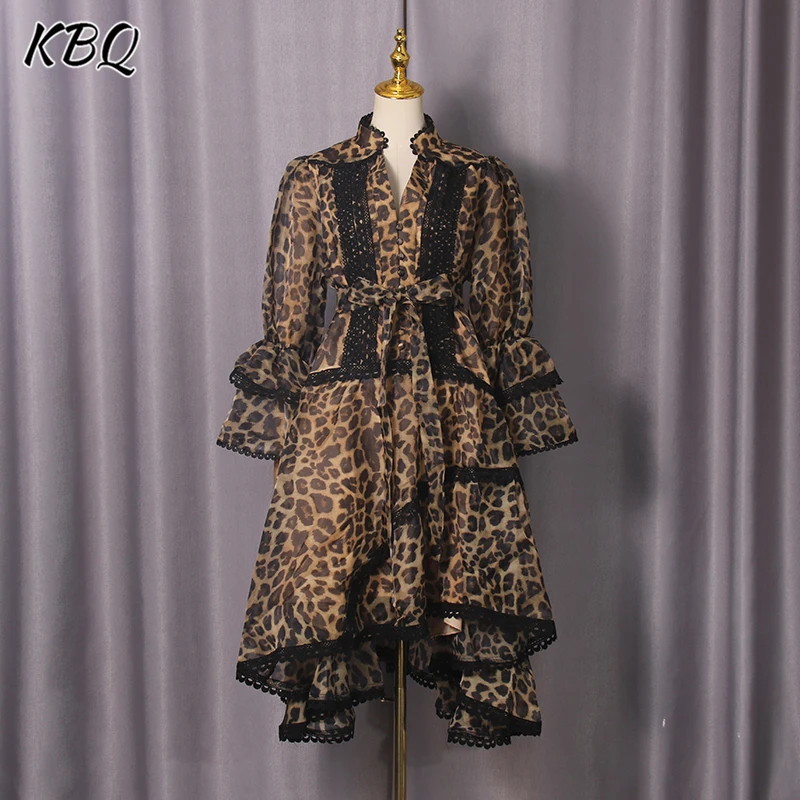 KBQ French Casual Leopard Print Tunic Dress for Women V Neck Flare Sleeve High Waist Patchwork Lace Up Elegant Dresses Female