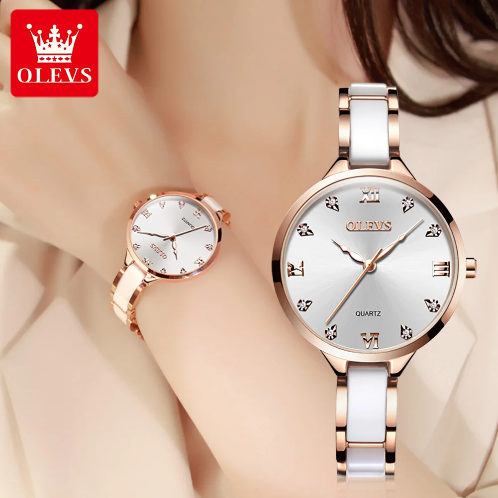 OLEVS Ceramic Dress Women Watch Luxury Rose Gold Ladies Wristwatch Gifts Japan Imports Quartz Movement Watches Relogio Feminino