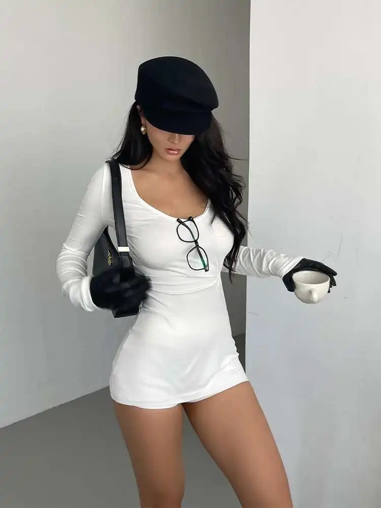 WOMENGAGA O-neck Long Sleeved Medium Length T-shirt Mini Dress For Women's Autumn New Thin Fashion Loose Korean Women A7YX