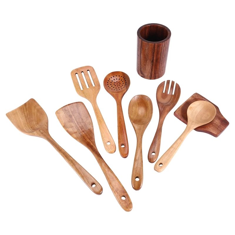 

9 PCS Wooden Spoons For Cooking, Wooden Utensils For Cooking With Utensils Holder, Teak Wooden Kitchen Utensils Set