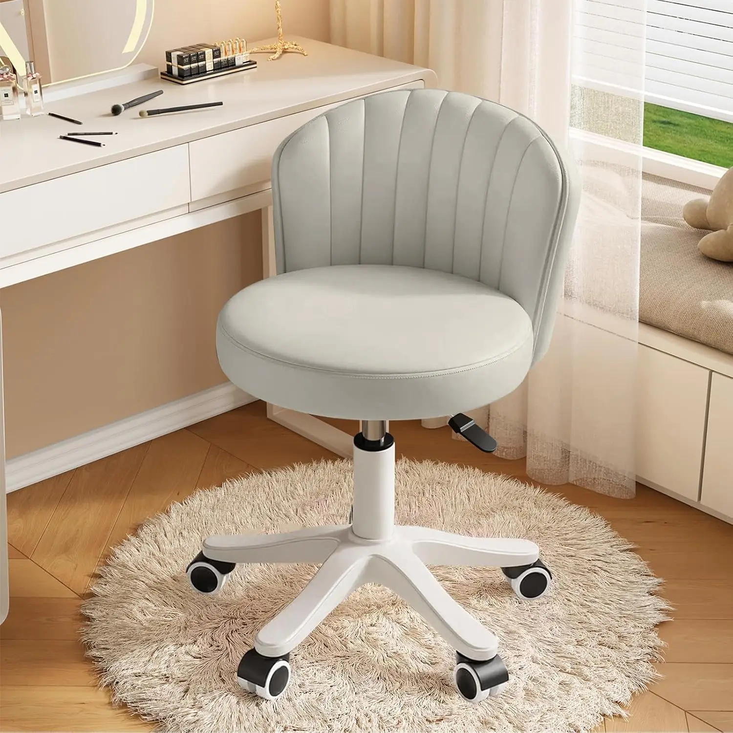 Silla de escritorio con ruedas redonda, cómoda silla de ordenador de tocador sin brazos con respaldo bajo, cuero PU, altura ajustable, giratoria, trabajo, Spa Chai