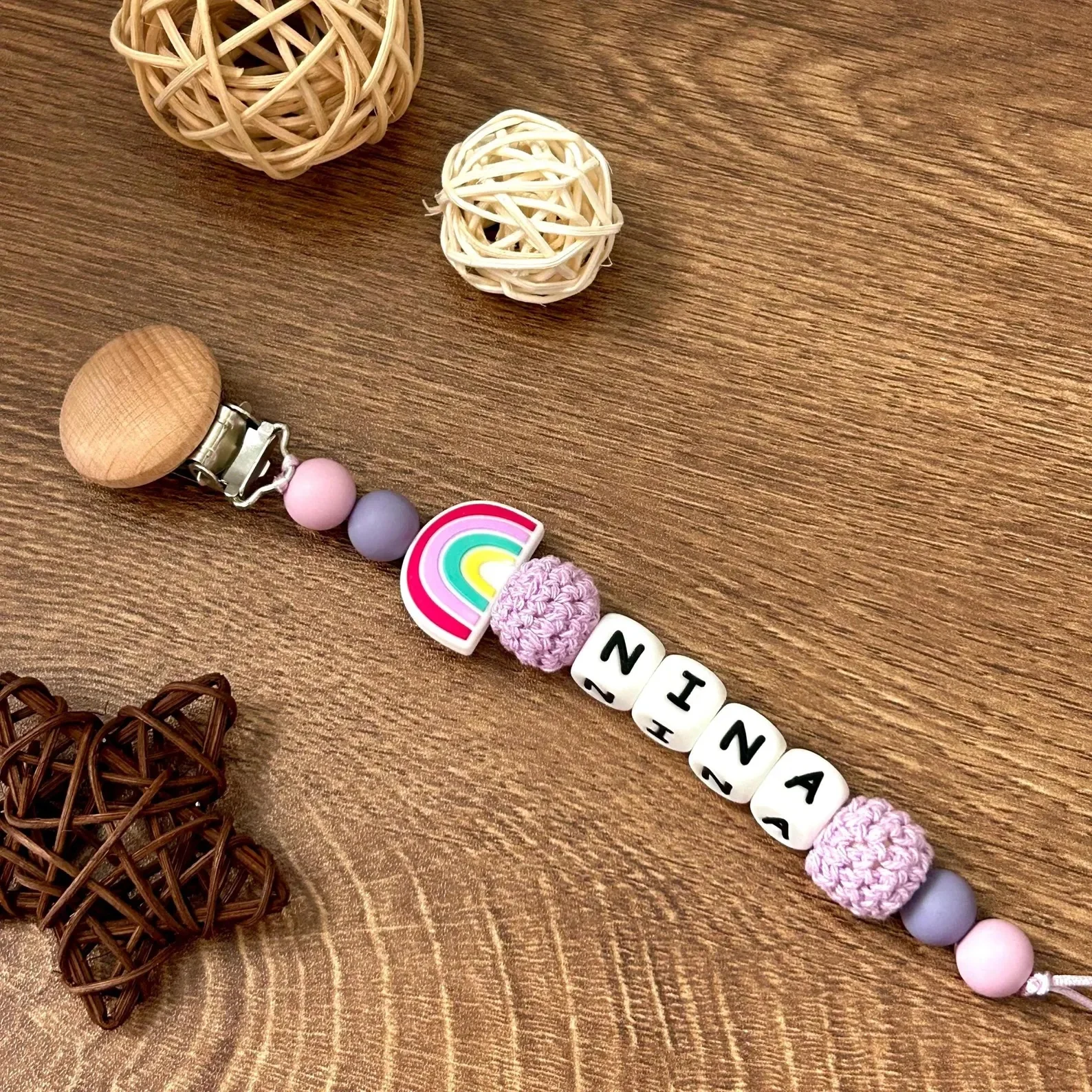 Personalized Pacifier Clip Silicone Rainbow Purple Beads with Wooden Clips Customizable Names for Baby Shower Gift image 5