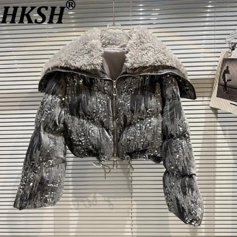 HKSH 2025 Winter New Women's Padded Coat Navy Collar Zipper Sequined Elegant Chic Streetwear Luxury Short Wadded Jackets HK15173