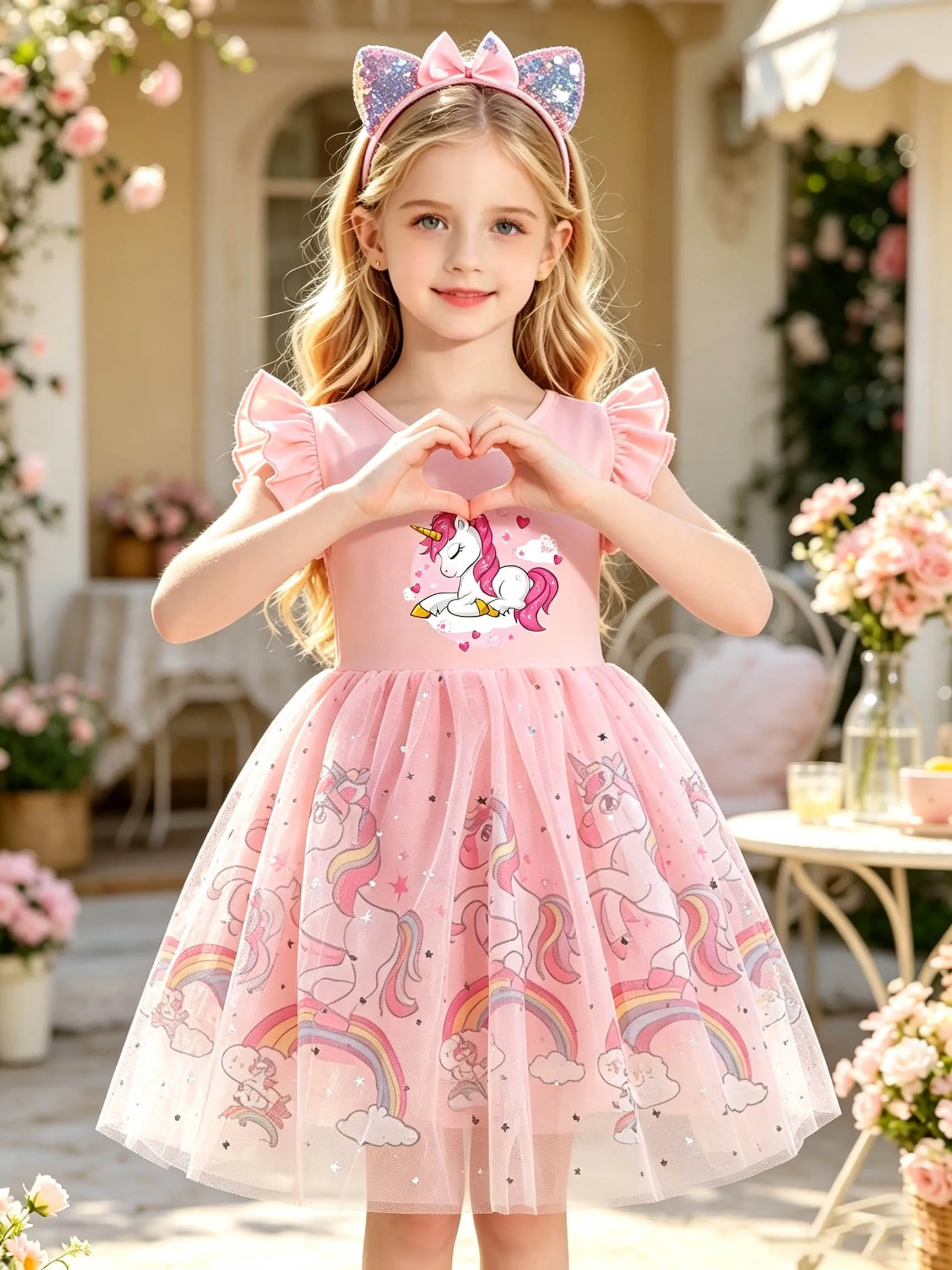 Rosa Herz-Einhorn Mädchen-Sommerkleid, Rüschen-Flatterärmel Funkelndes Tüll-Kurzarm-Tutu-Kleid – Detail 3