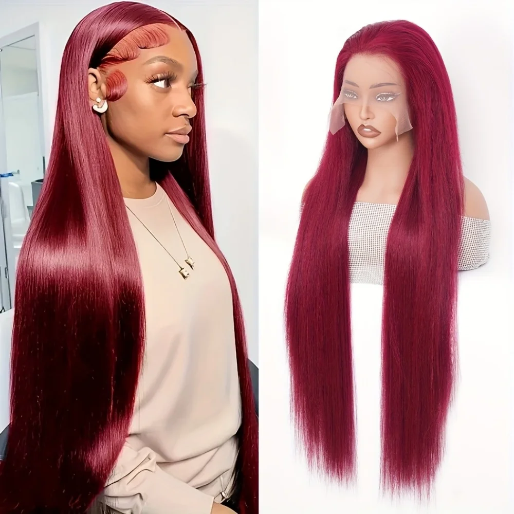 

99J Цветной прямой парик фронта шнурка Парики из натуральных волос Бордовый 13x4 Прозрачный парик фронтальной части шнурка Красные парики для женщин 250% плотность