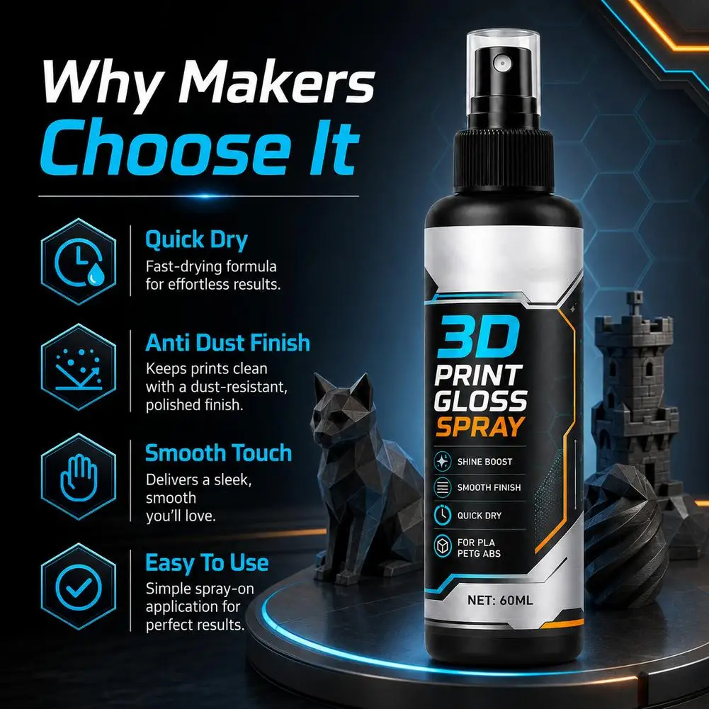 60ml 3D Print Gloss Spray Quick Dry Clear Coat Varnish Smooth Finish PLA PETG ABS Resin Figures Layer Lines Remover Polishing view 3