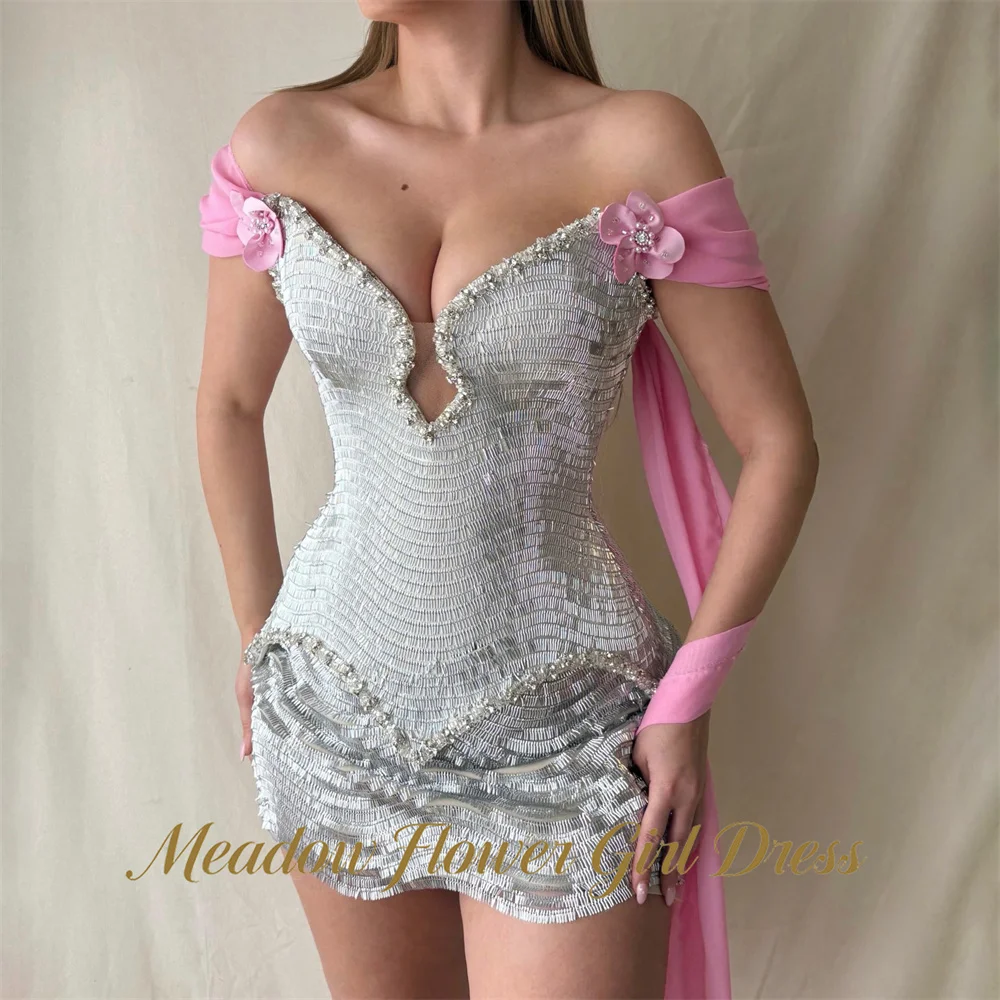 Meadow Pink and Sliver Evening Dresses Off the Shoulder Short Sleeve Party Dresses Sequin Prom Gown robes du soir Customized