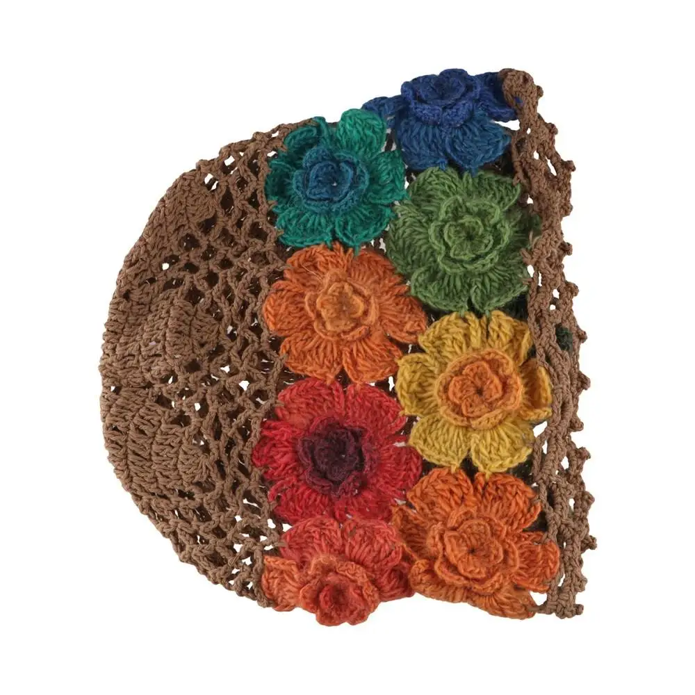 

Colorful Flower Hollow Knitted Hat Woolen Bohemian Style Beanie Cap Handmade Crochet Ethnic Style Pullover Hat Ladies