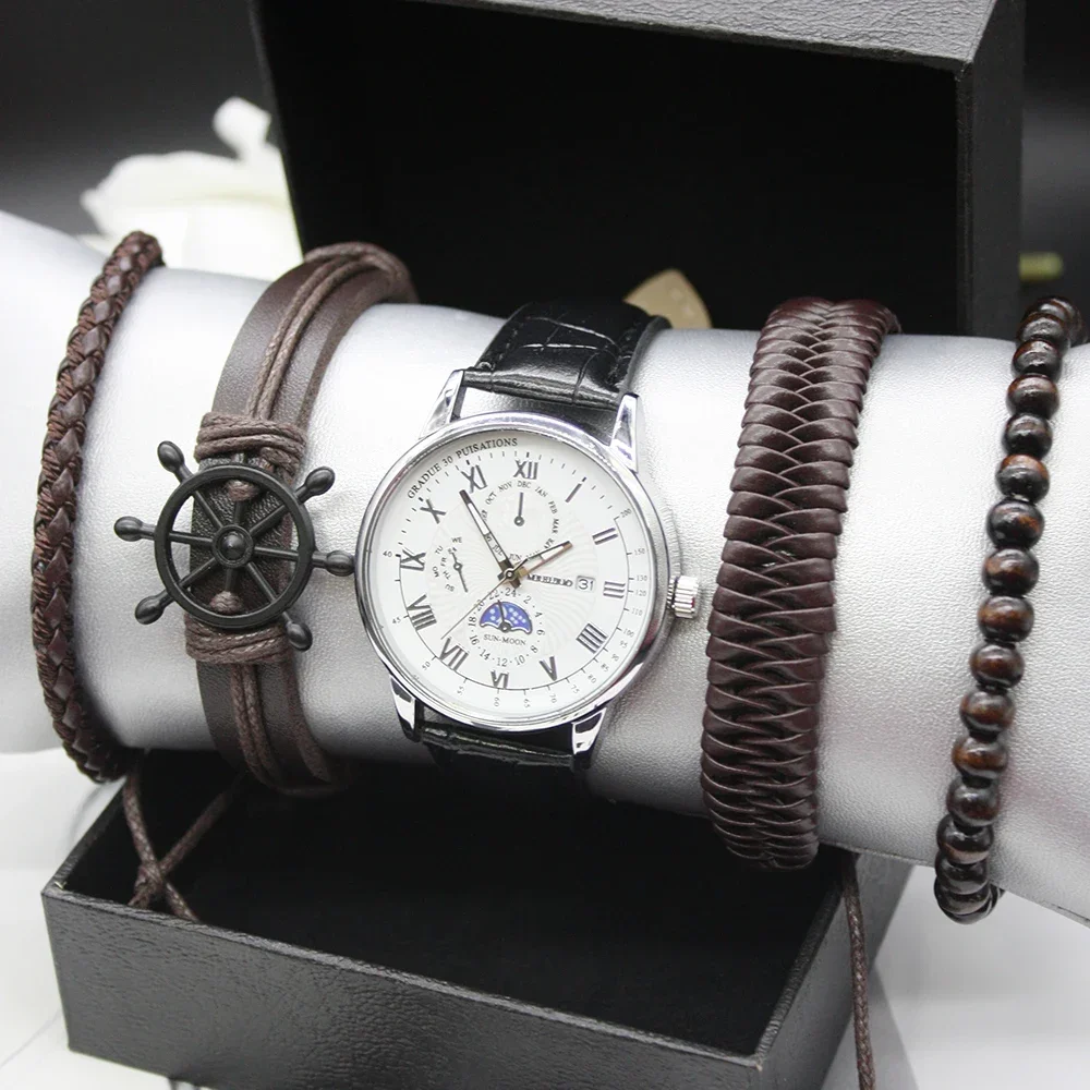 5pcs Set Classic Fashion Quartz Watches Men´s Sports Watches Gentleman Watch Bracelet Box Gift for Men Watch Unique Watches