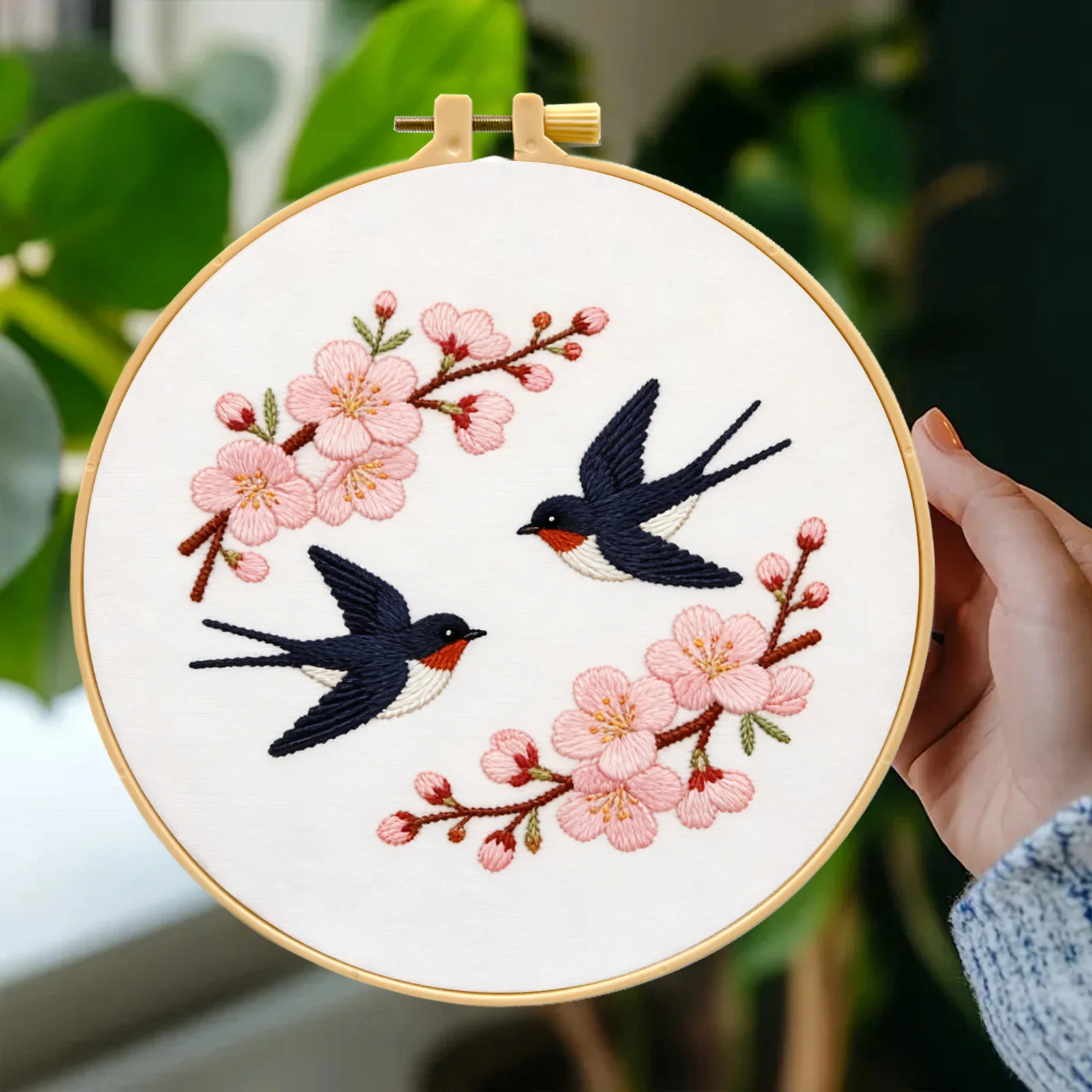 Complete All‑in‑One DIY Embroidery Kit, Swallow & Peach Blossom Motif, Needles Threads‑Craft Supply for Adults