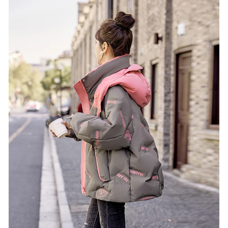 Women\'s Thick Warm Down Jacket Fluffy Padded Jacket Color Splicing Printed White Duck Down Loose Outwear European Fashion Winter