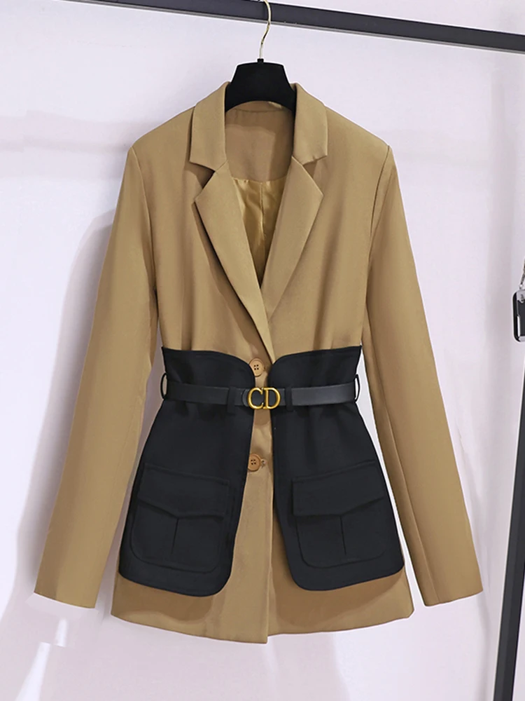 New 2024 Autumn Winter Blazer For Women Patchwork Color Korean Fashion Design Casual Coat And Jacket Women With Belt Outwears