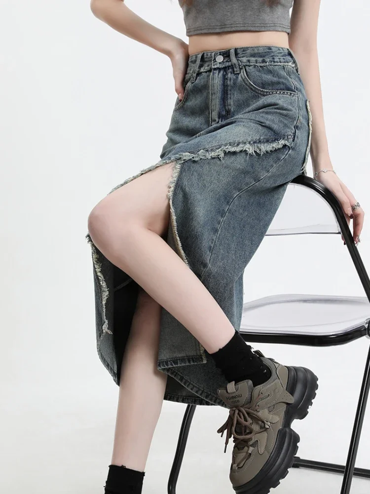 Denim midi saias femininas verão estilo coreano fenda-design vintage fino cintura alta macio streetwear na moda all-match sólido faldas