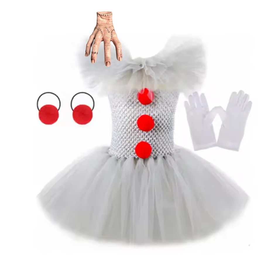 Halloween Gray Joker Girls Costume Tutu Dress Creepy Clown Kids Carnival Party Cosplay Clothing Children Tulle Fancy Dress