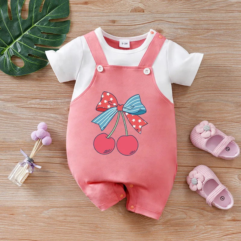 

Летний поддельный костюм для новорожденных из 2 предметов с бантом и вишневым рисунком, милый цельный костюм с короткими рукавами и круглым вырезом, уютный, дышащий, прочный, удобный