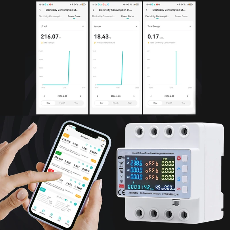 Tuya WiFi Smart Three Phase Energy Meter 80A DIN Rail Power Monitor Voltage Current Protection kWh Meter Remote Control