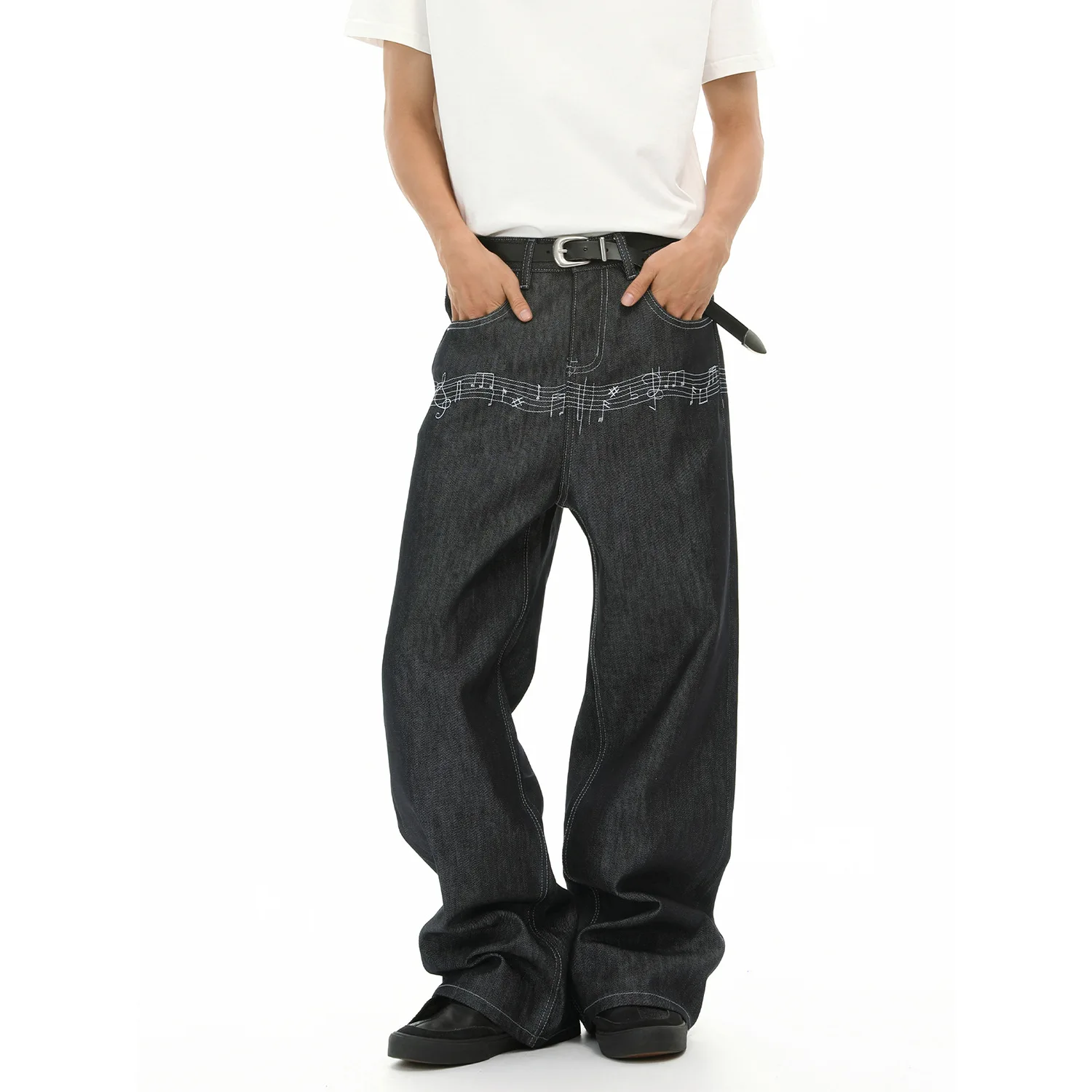 Men's Korean Raw Denim Jeans With Musical Note Embroidery, Trendy Loose Straight Wide Leg Washed Casual Pants