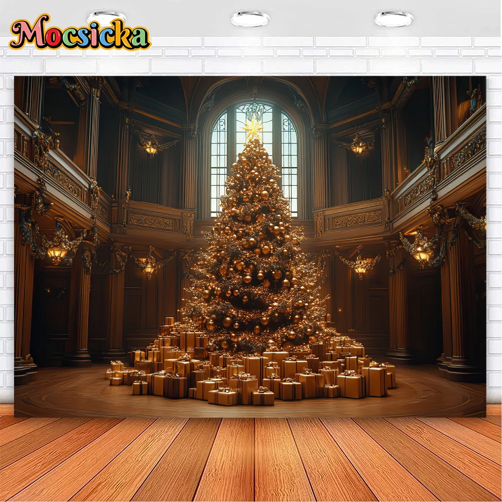 Mocsicka Winter Christmas Photography Background Golden Xmas Tree Holiday Party Family Portrait Photo Backdrops Studio Props