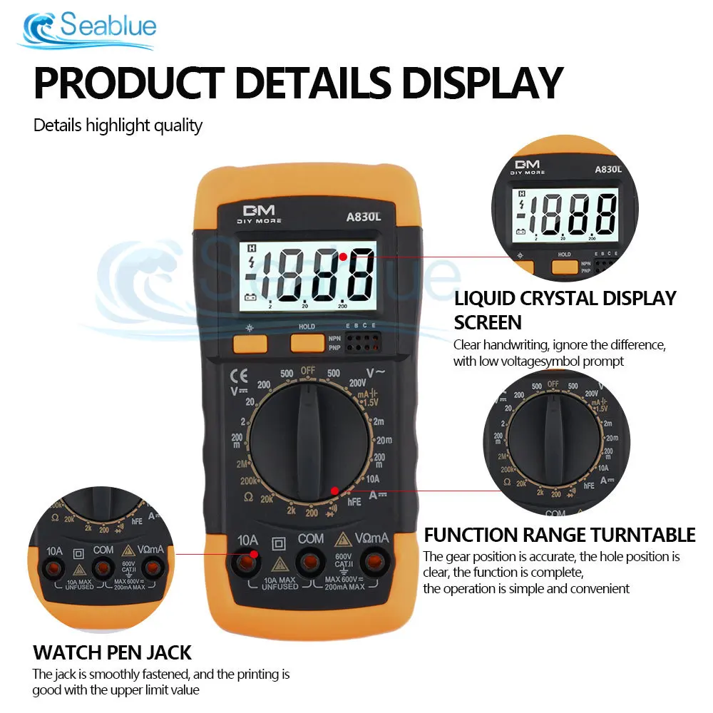 A830L Digital Multimeter LCD Voltmeter Ammeter DC AC Current Voltage Tester Machine Volt Amp Meter with Buzzer Function