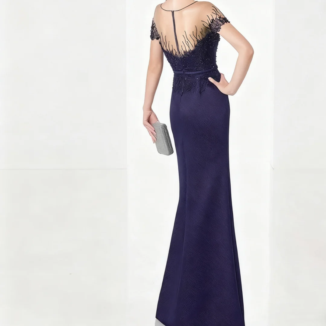 Gaun Malam Berbahan Crepe Biru Dongker Kerah O dengan Pita dan Renda Gaun Ibu Pengantin Gaun Tamu Pernikahan yang Indah Dapat Disesuaikan