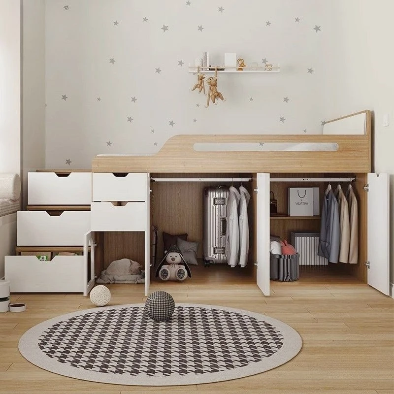 Children's small apartment half-height integrated multi-functional storage high box  bed wardrobe combination