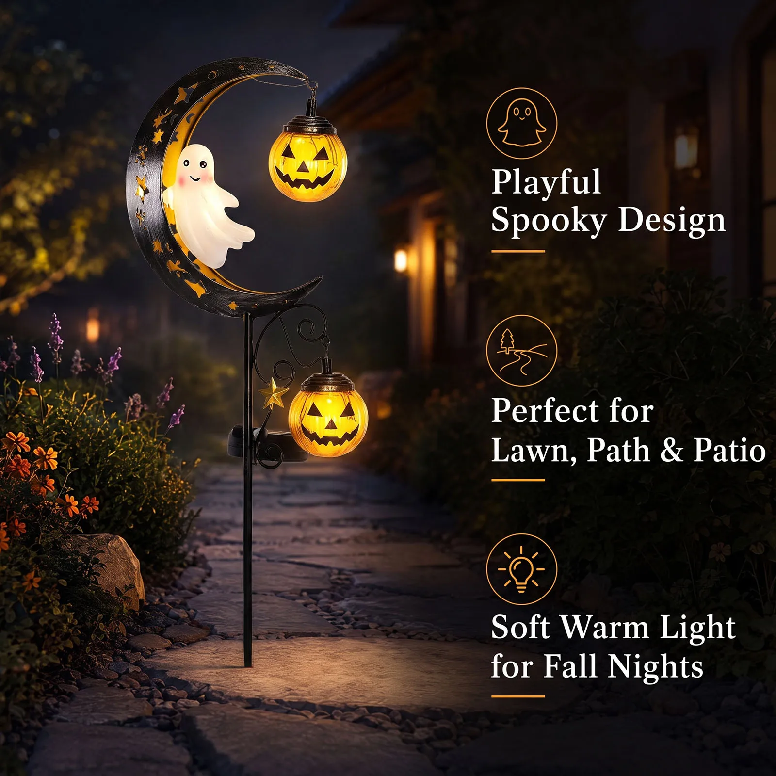 Solar Powered Halloween Skull Ghost Moon Stake Lights Garden Lawn Pathway Yard Outdoor Fall Metal Decor