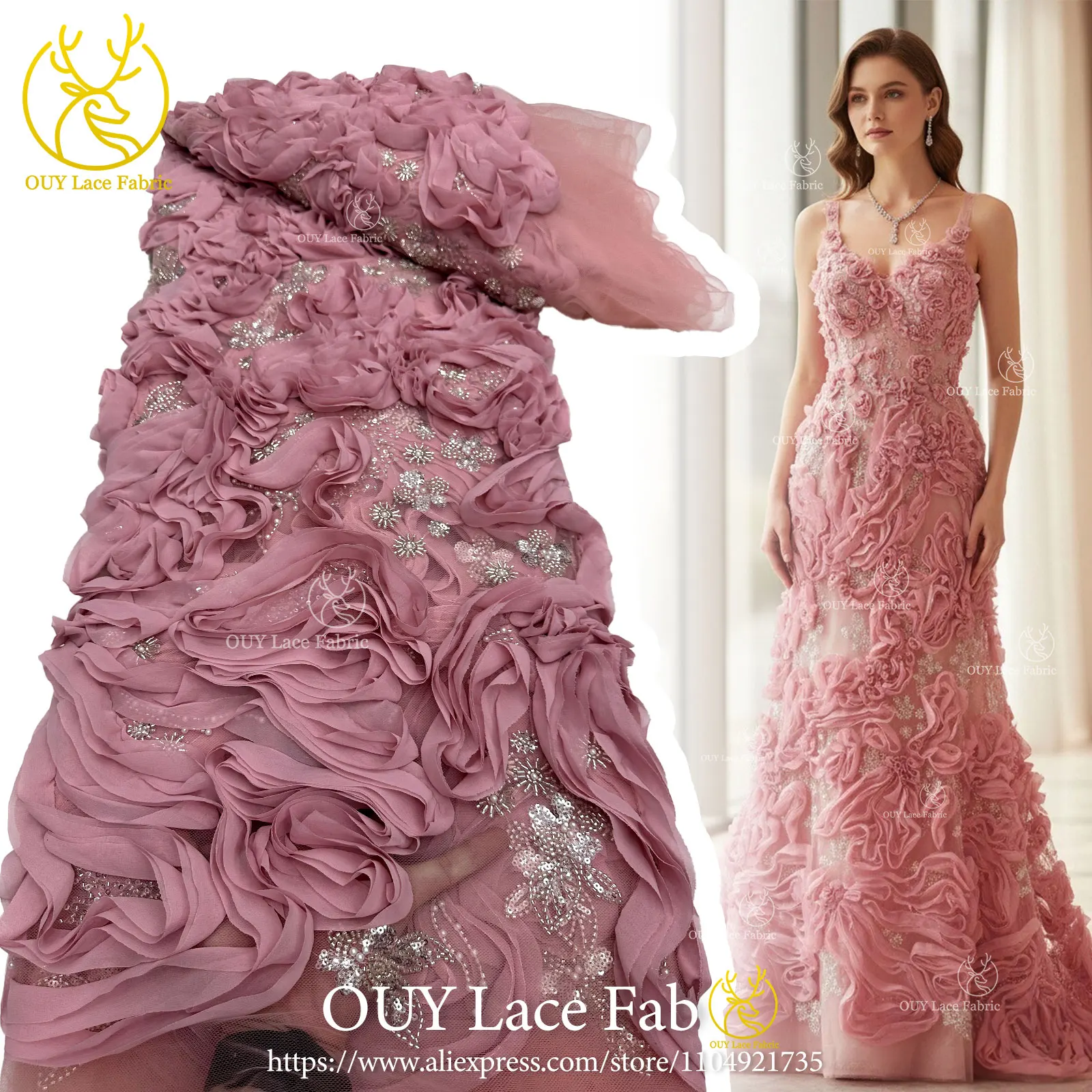 ผ้าลูกไม้ 3 มิติ ลายแอฟริกัน ปี 2026 ผ้าลูกไม้ทูลล์ฝรั่งเศสประดับเลื่อมคุณภาพพรีเมียม เหมาะสำหรับชุดงานเลี้ยงและชุดแต่งงาน 5 หลา