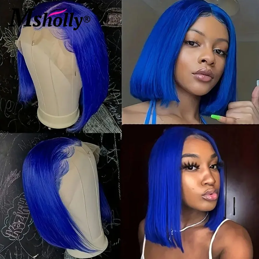 Pelucas de cabello humano 100% para mujeres negras, pelo corto recto brasileño con encaje Frontal transparente, color azul zafiro, 13x4