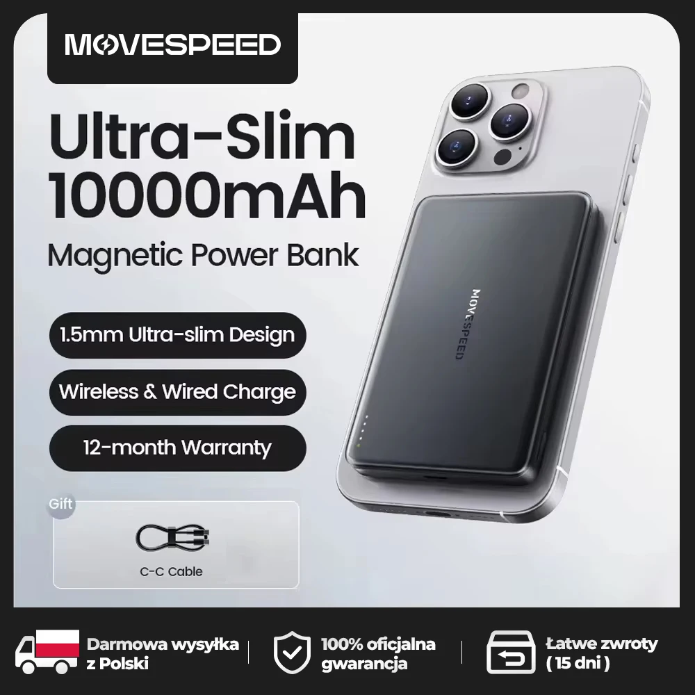Batería Externa Magnética MOVESPEED S10 de 10000mAh con Carga Rápida, Mini Powerbank Inalámbrico Portátil para iPhone 16 y Samsung