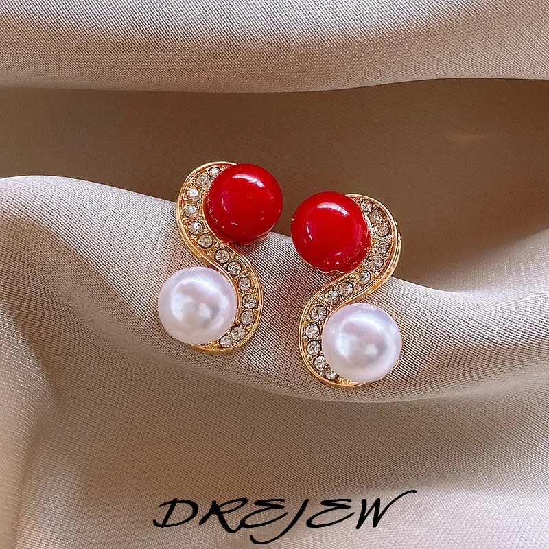 DREJEW 2025 حرف S على شكل أقراط اللؤلؤ الكورية موضة ريترو ستايل ترصيع مطعمة حجر الراين مجوهرات للنساء بالجملة