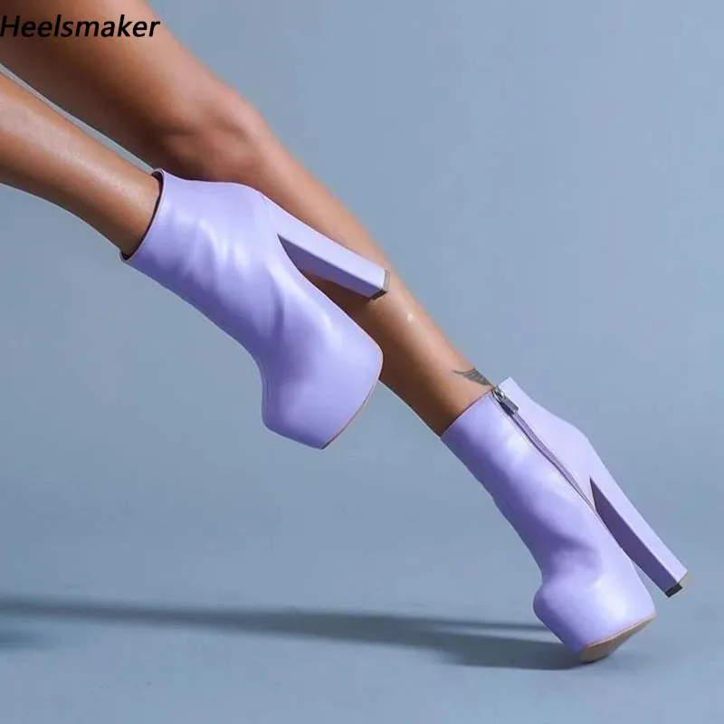 

Sukeia Handmade Women Winter Ankle Boots Round Toe Chunky Heels Violet Pink Party Shoes Ladies US Plus Size 5-20