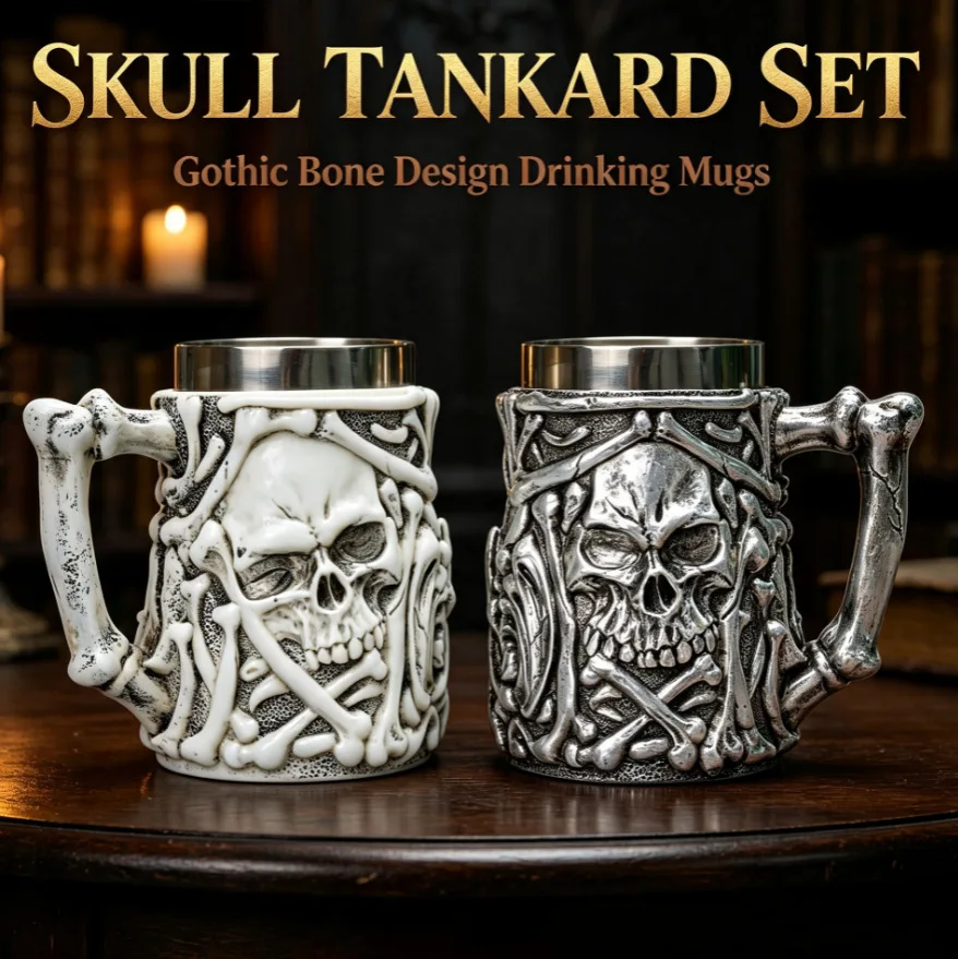 3D Retro Gothic Skull Mug Resin Stainless Steel Inner Beer Mugs 600ML Tankard Wine Glass Skeleton Coffee Cup Halloween Gift