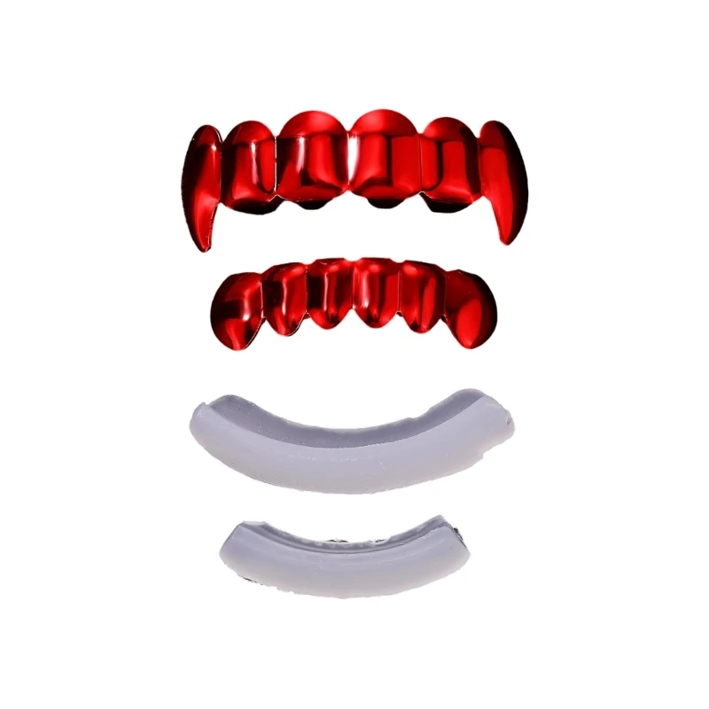 Party Costume Tooth Cover Set in Red Metallic Finish with Slip On Upper and Lower Pieces and Fitting Bars Included E0BF