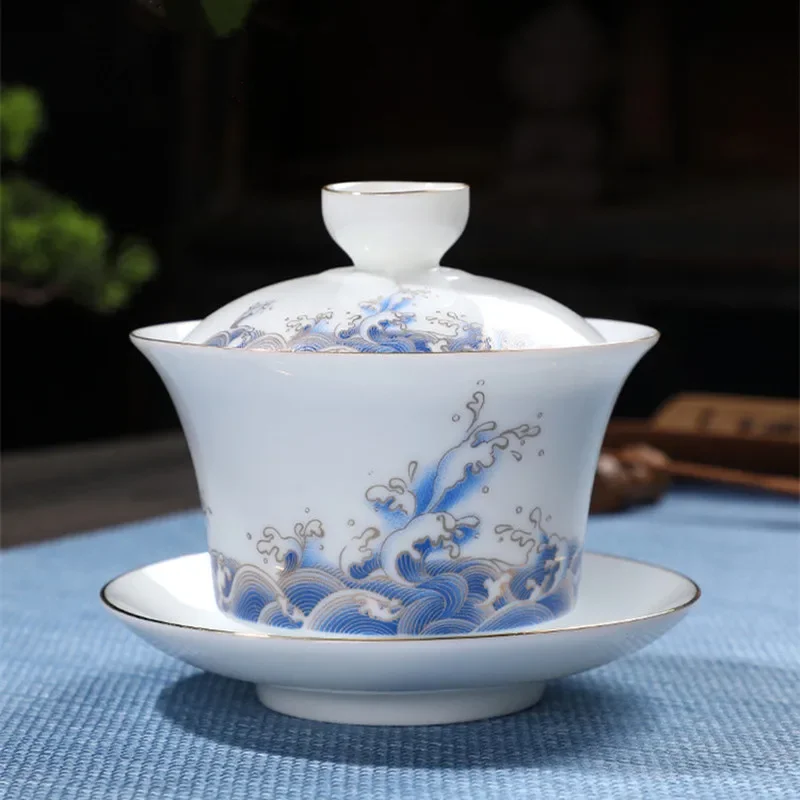 Chinese Style Brewing Tea Cups, Blue and White Porcelain Gaiwan, White Jade Ceramic Tureen, Sea Wave Bowl, Saucer Lid Set, 170ml