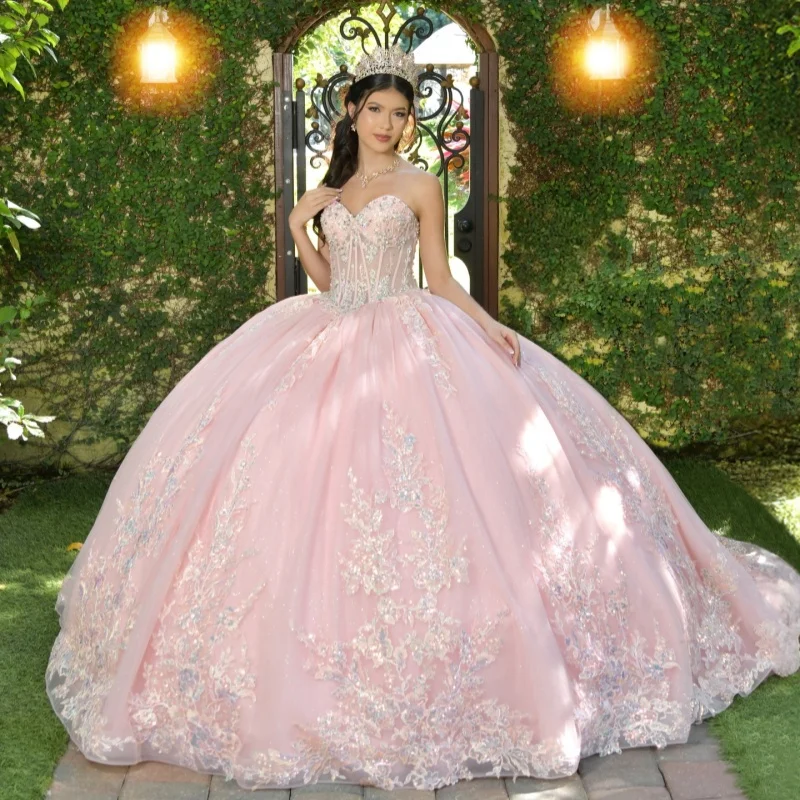 

Shiny Light Pink Quinceanera Dress off-shoulder Glitter Crystal Decal Long tail Bow vestidos de 15 Quinceanera ﻿Customized