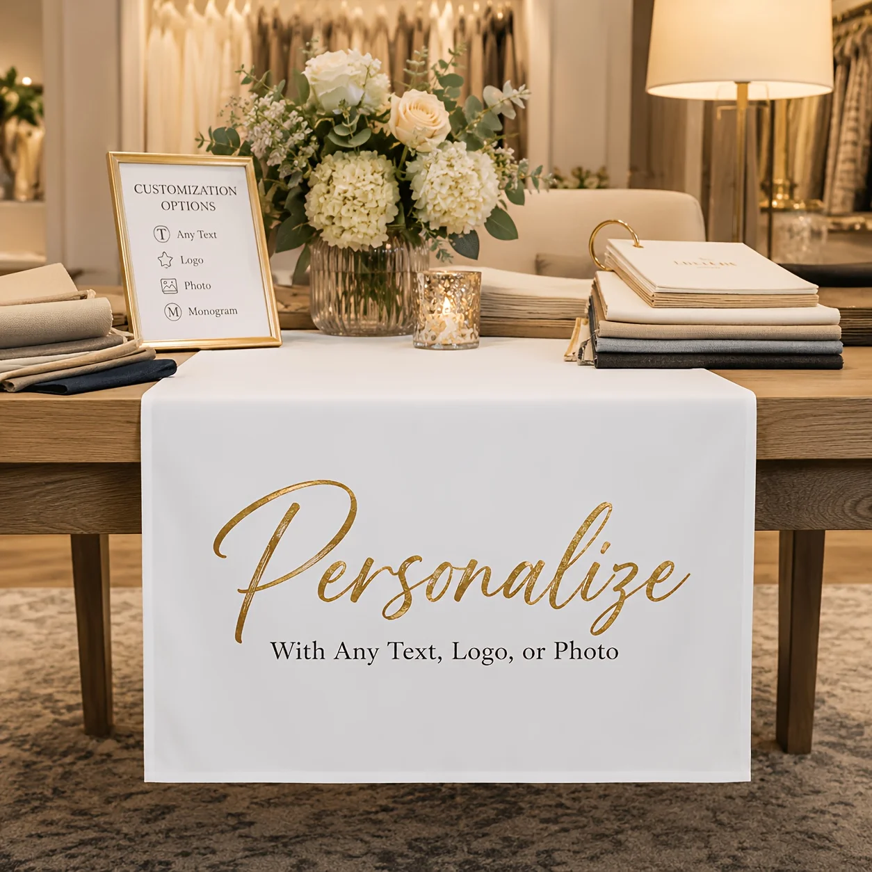 1pc Custom 60inch Length Table Runner with Image, Suitable for Banquet Market Booth Meeting And Celebration, Wedding Party Decor