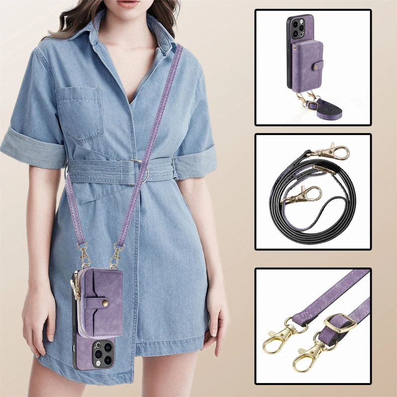 Back Zipper Card Slot Phone Case For iPhone 16 15 Plus 14 13 12 11 Pro XR X XS Max 7 8 Plus Protective Cover With Shoulder Strap image 6