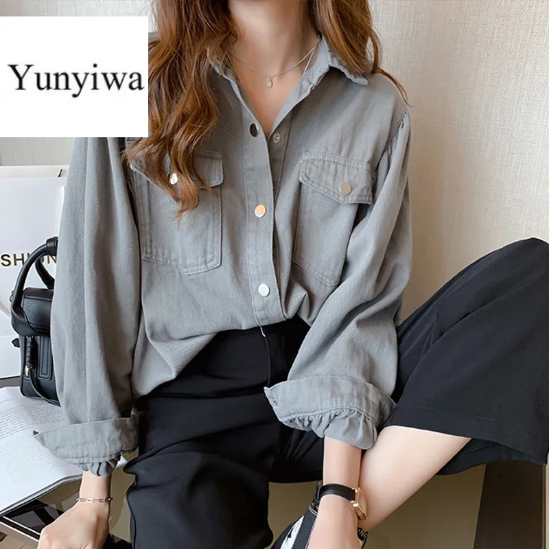 Spring New Women Vintage Pockets Denim Shirt Jacket Autumn Lady Full Sleeve Outwear Loose Casual Wear Stylish Girl Tops T0N321T