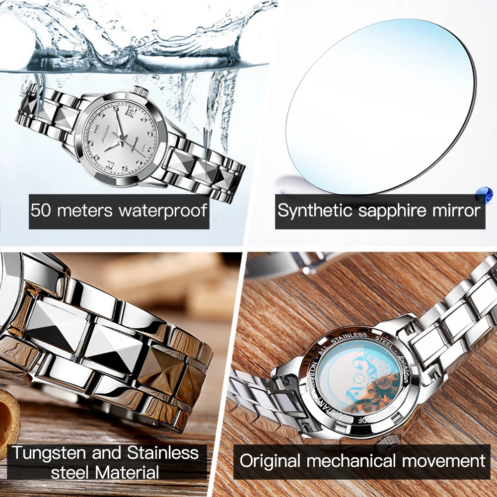 JSDUN Fashion Trend Women\'s Watch Luxury Original Tungsten Steel Automatic Mechanical Lady Wrist Watch New Elegant Watch Women