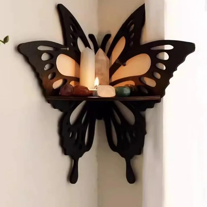 Rak pajangan kristal Retro mengambang, rak dinding kayu untuk lilin dan batu dekorasi ruangan elegan Ideal untuk estetika rumah