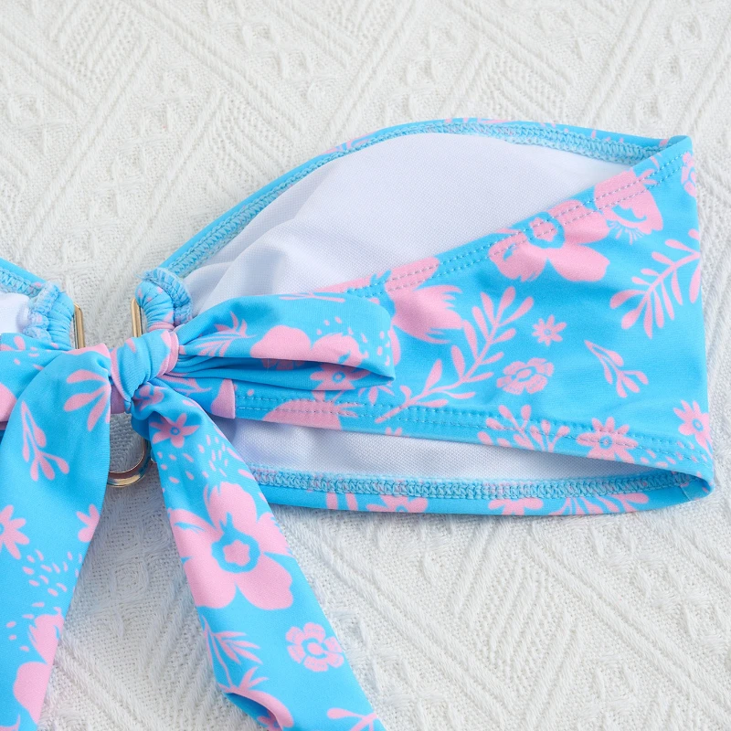 Blue Strapless Bikini Sexy Print Floral Comfortable Two-pieces Swimsuit