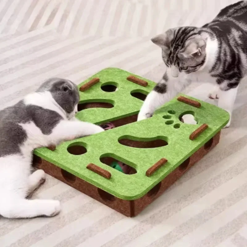 Interactive Cat Puzzle Maze Box, Felt Toy with Bell Balls, Multi-Hole Hide and Seek Game for Indoor Cats Kittens Boredom Relief