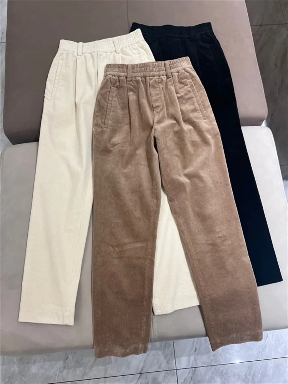 Women Corduroy Long Pants Elastic High Waist Straight Vintage Autumn Winter Tapered Trousers