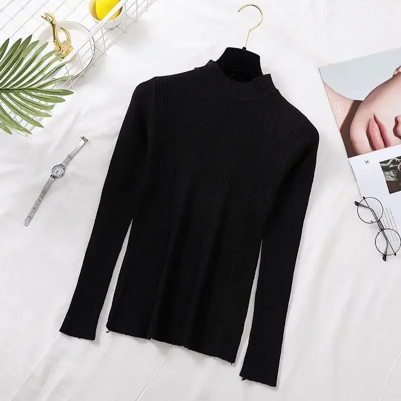 HELIAR Autumn Women Pullover Sweater Fashion Half Turtleneck Knitted Female Jumper Long Sleeve Winter Black Soft Elastic Blouse