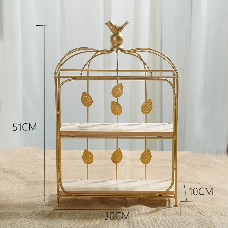 -Double Birdcage Wooden Dessert Table Ornament Cold Food Tray Cake Display Stand Buffet Snack Rack Wrought Iron Cake Stand