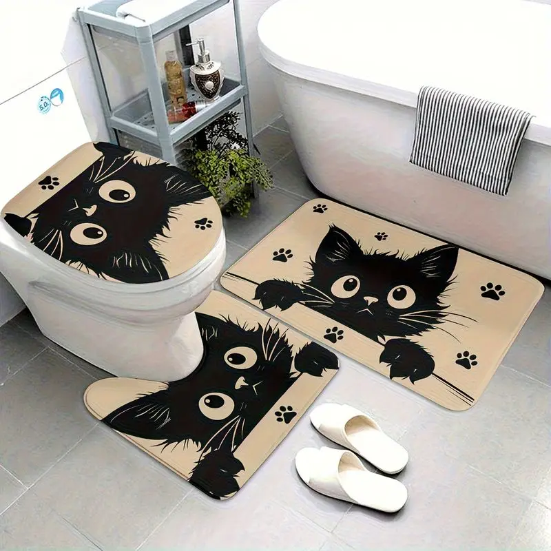 VIKAMA 3Pcs Black Cat Bathroom Mat Set Cute Kitten Paw Print Washable Non‑Slip Toilet Lid Cover U‑Shaped Bath Rug Home Decor