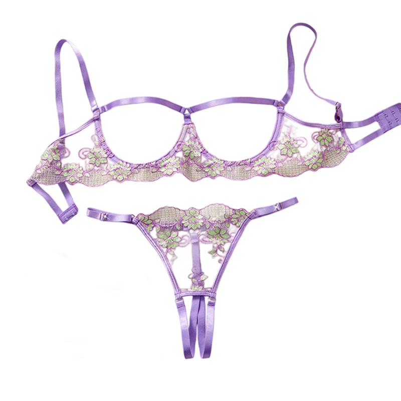 

Sexy Lingeries Women Purple Lace Underwear Romantic 2 Pieces Lingerie Set Beautiful Floral Hollow IntimateTransparent Underwear